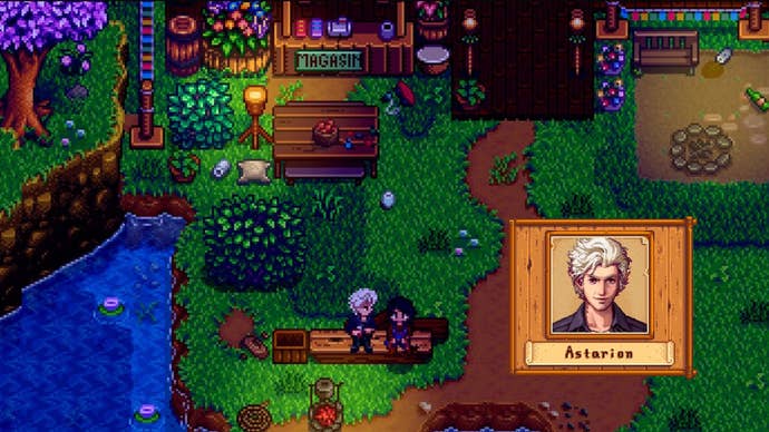A screenshot from the Baldur’s Village mod for Stardew Valley showing Astarion chatting with the player on a wooden bench at night.
