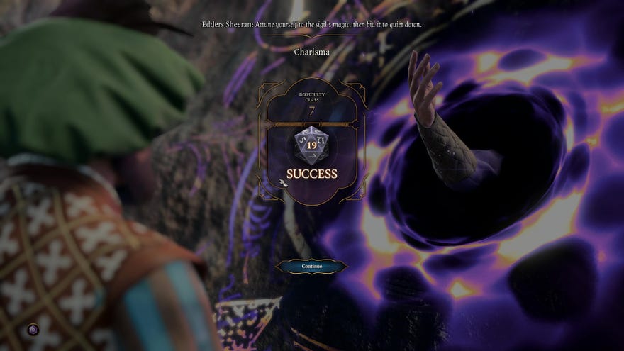 Edders Sheeran wins a skill check to pull Gale out of the portal in Baldur’s Gate 3.