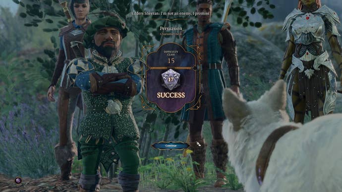 Edders Sheeran the bard convinces a dog that he’s friendly in Baldur’s Gate 3.