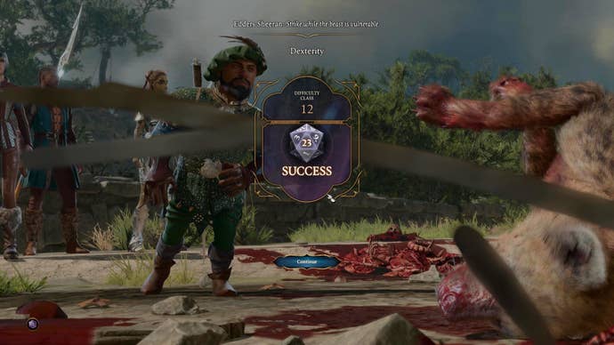 Edders Sheeran wins a skillcheck when dealing with a dead hyena in Baldur’s Gate 3.