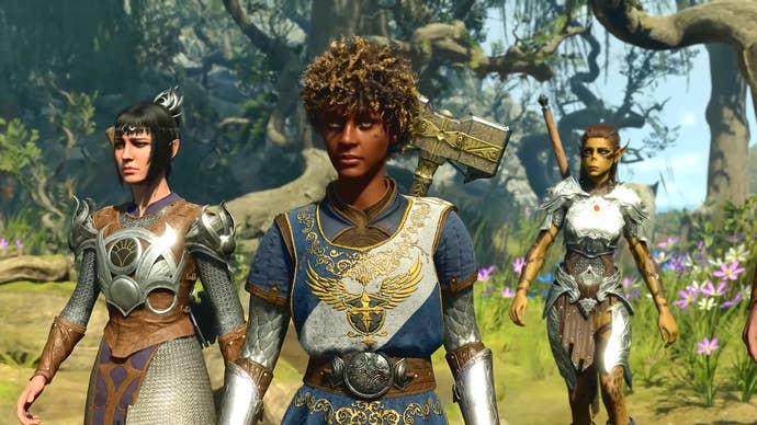 A custom character leads Shadowheart and Lae’zel on an adventure in Baldur’s Gate 3