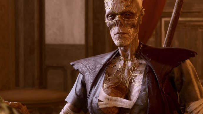 A Baldur’s Gate 3 screenshot showing undead NPC Withers modded to feature a pair of “big naturals” beneath their gown.