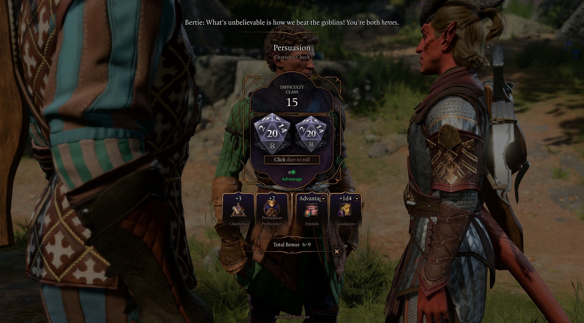 A dice roll in Baldur&rsquo;s Gate 3. Two big dice, and all the contributing modifiers, occupy the middle of the screen.