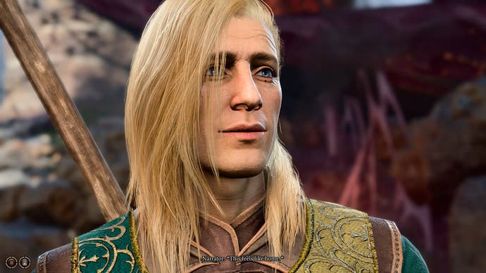 Bertie’s very handsome, long-blonde-haired human Paladin in Baldur’s Gate 3, at the beginning of their adventure.