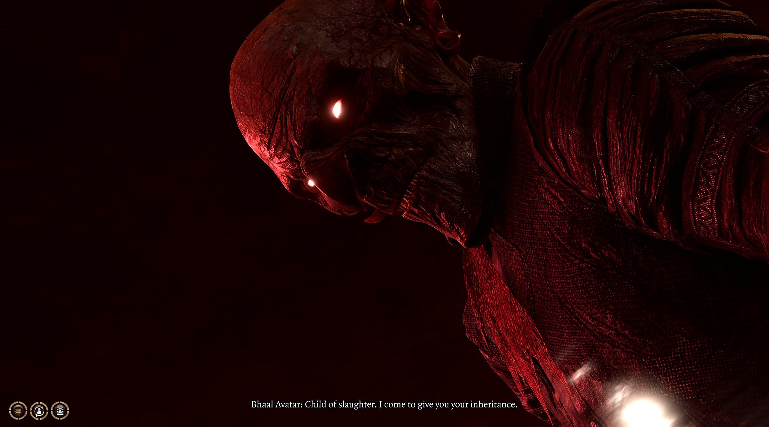 A dark image from Baldur&rsquo;s Gate 3. Reflected in a pool of blood we see the image of a goblin, close up. It&rsquo;s red-tinged because of the blood but its eyes are glowing red as well. It radiates evil. It is the body of Sceleritas Fel, a demonic butler, possessed by the god of murder, Bhaal.
