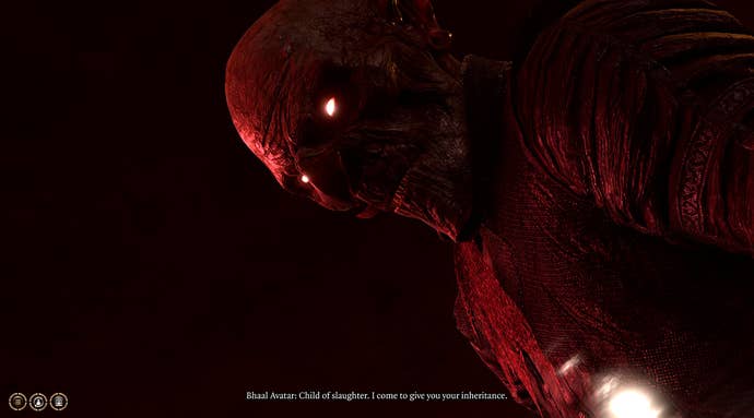 A dark image from Baldur’s Gate 3. Reflected in a pool of blood we see the image of a goblin, close up. It’s red-tinged because of the blood but its eyes are glowing red as well. It radiates evil. It is the body of Sceleritas Fel, a demonic butler, possessed by the god of murder, Bhaal.