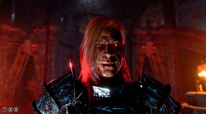 Bertie’s messed-up human paladin in Baldur’s Gate 3 stares with glowing red eyes at the camera. He’s covered in blood and looks thoroughly unpleasant.