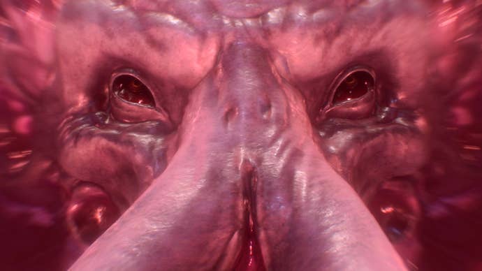 A close-up of a huge brain-like, tentacled mind flayer face in Baldur’s Gate 3.