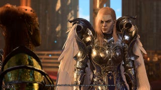 The heavily armoured angel character Dame Aylin - or Nightsong - in Baldur's Gate 3. Here, she scowls at the player character, declaring them to be a traitor for they have just turned on her.