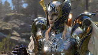 A heavily armoured angel from Baldur's Gate 3, with a patchwork face. It's Dame Aylin, or Nightsong.