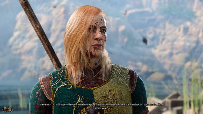 Bertie’s long blonde-haired Paladin is being told by the narrator that he doesn’t remember who he is. He’s splattered in blood, too - he’ll become very accustomed to it.