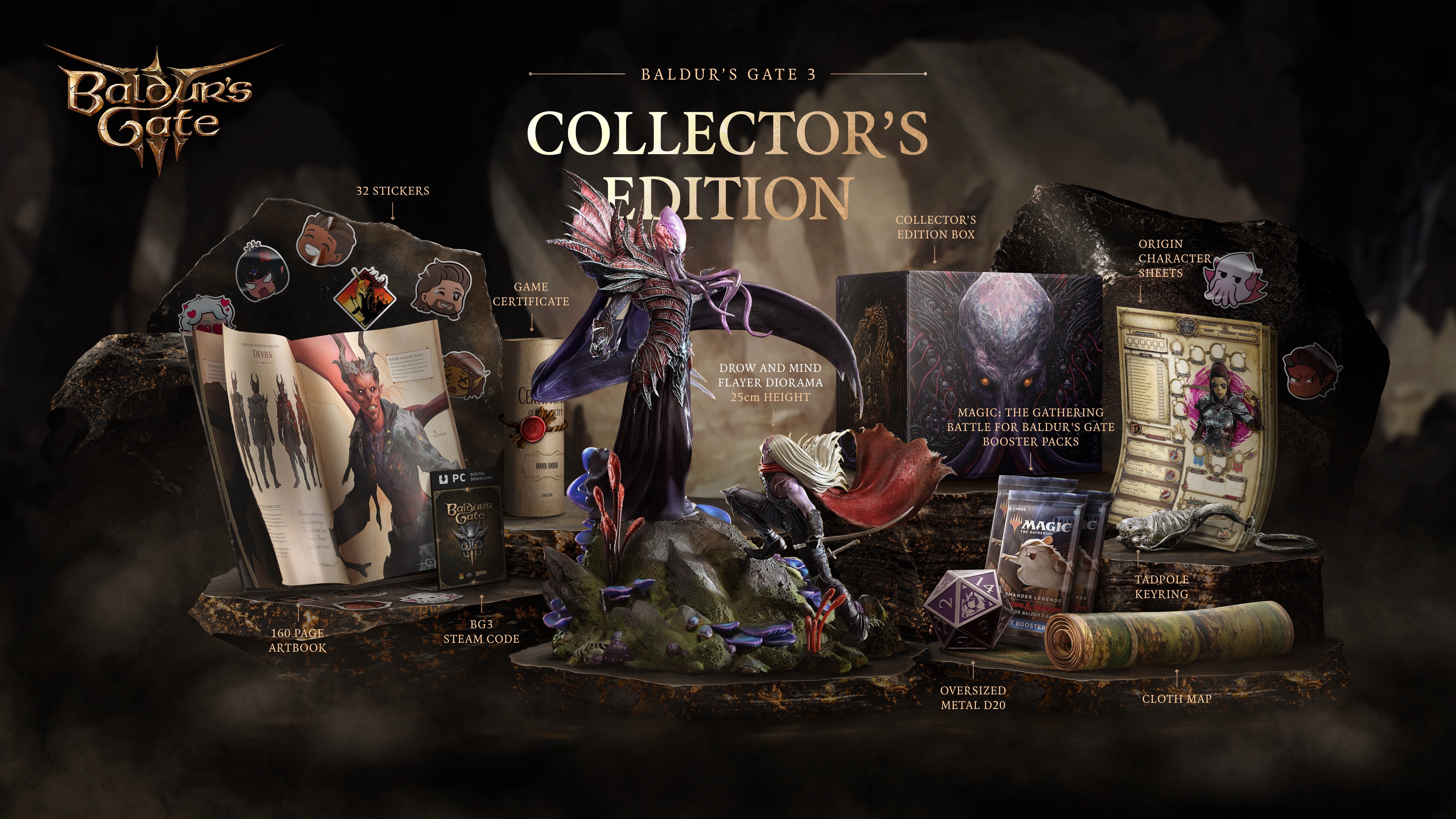 The contents of the Baldur&rsquo;s Gate 3 Collector&rsquo;s Edition. There&rsquo;s a mindflayer fighting a drow statue, an open art book, a rolled cloth map, a metal oversized D20, a metal tadpole keyring. It&rsquo;s a Baldur&rsquo;s Gate bonanza.