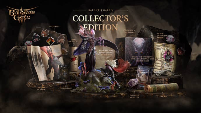 The contents of the Baldur’s Gate 3 Collector’s Edition. There’s a mindflayer fighting a drow statue, an open art book, a rolled cloth map, a metal oversized D20, a metal tadpole keyring. It’s a Baldur’s Gate bonanza.