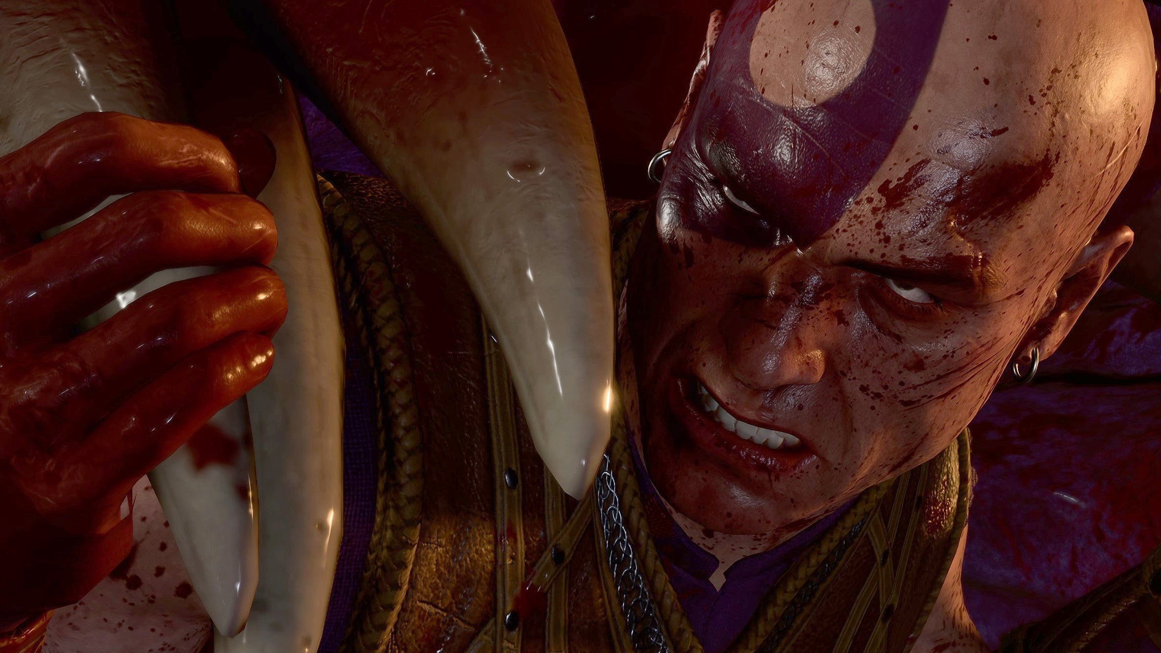 Popular Baldur&rsquo;s Gate hero Minsc is seen here, up close, escaping from the bloodied jaws of a mimic chest.