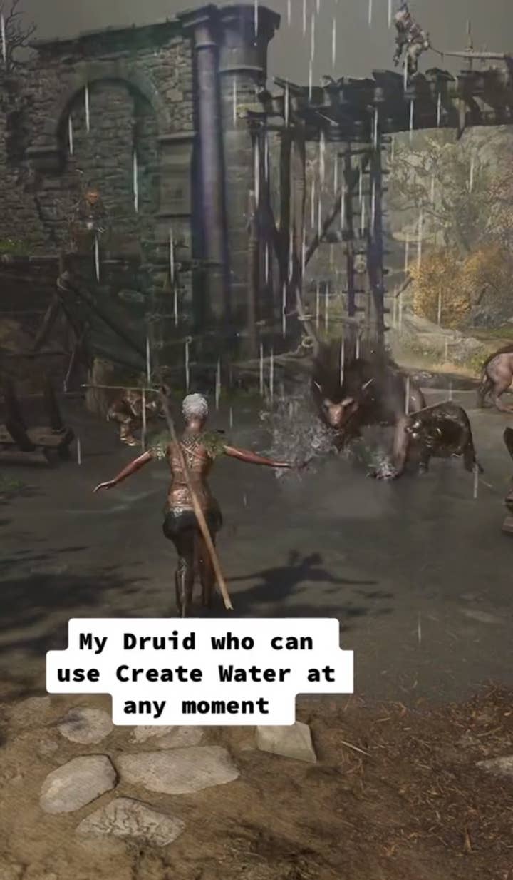 Baldur's Gate 3 image from the Larian Studios Tiktok account showing a Druid casting a spell as it rains on a group of enemies with the caption, "My Druid who can use Create Water at any moment"
