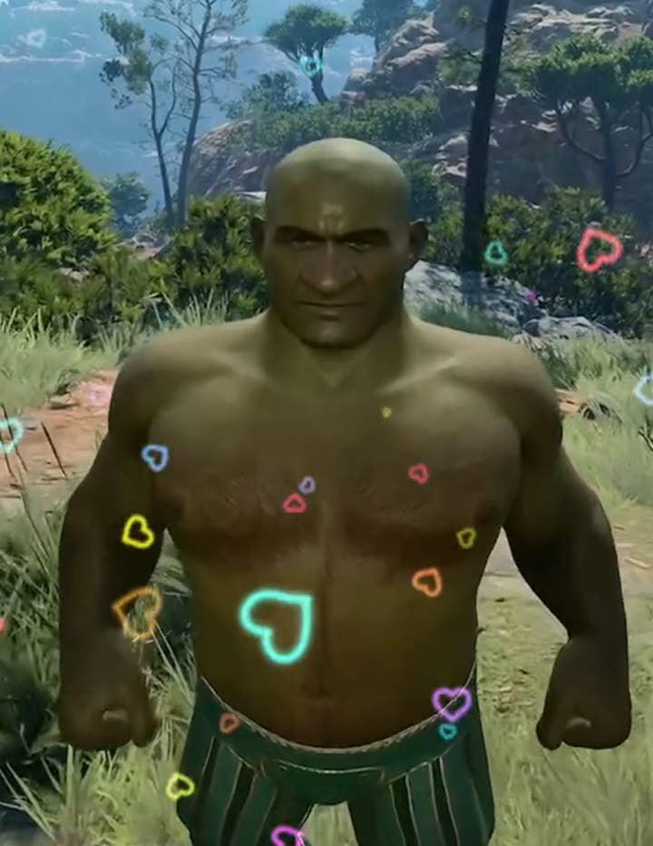 Image of a Shrek-like green ogre created character in Baldur's Gate 3 with a multi-colored heart TikTok effect surrounding him