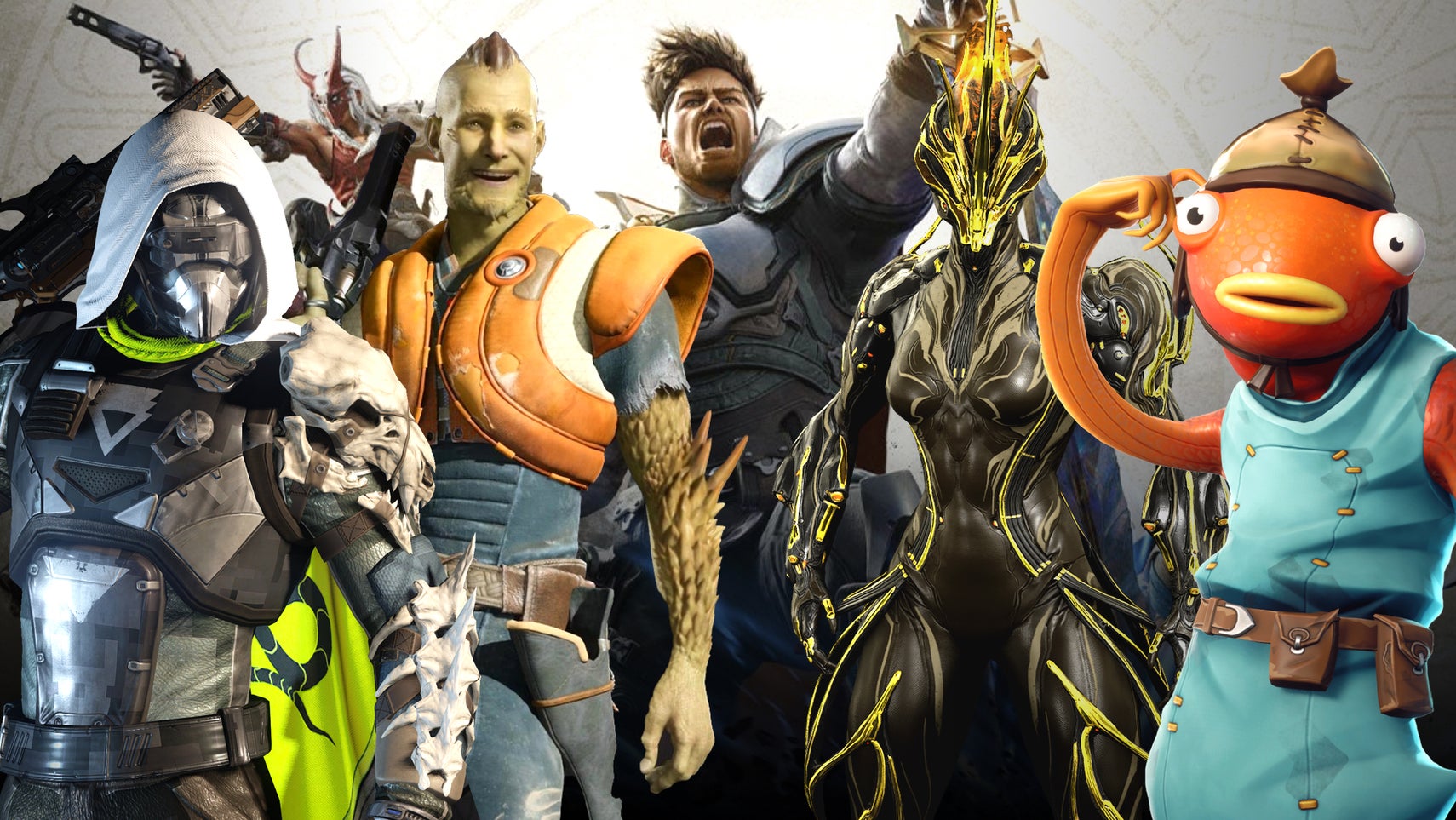 Composite image showing characters from Concord, Fortnite, Destiny 2, Warframe, and Highguard.