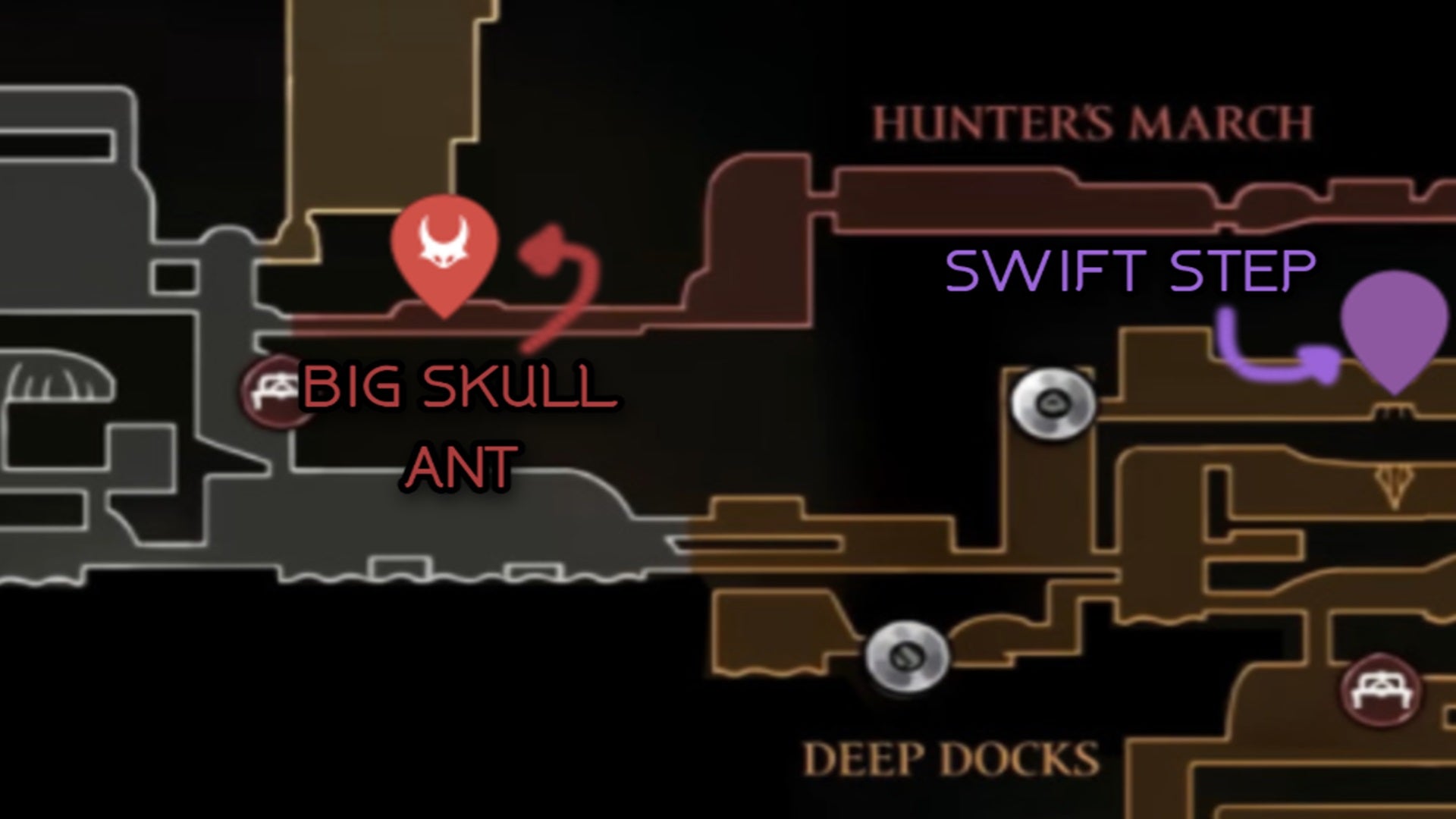 The locations of a big skull ant enemy and the Swift Step skill on the Hollow Knight: Silksong map. - 13