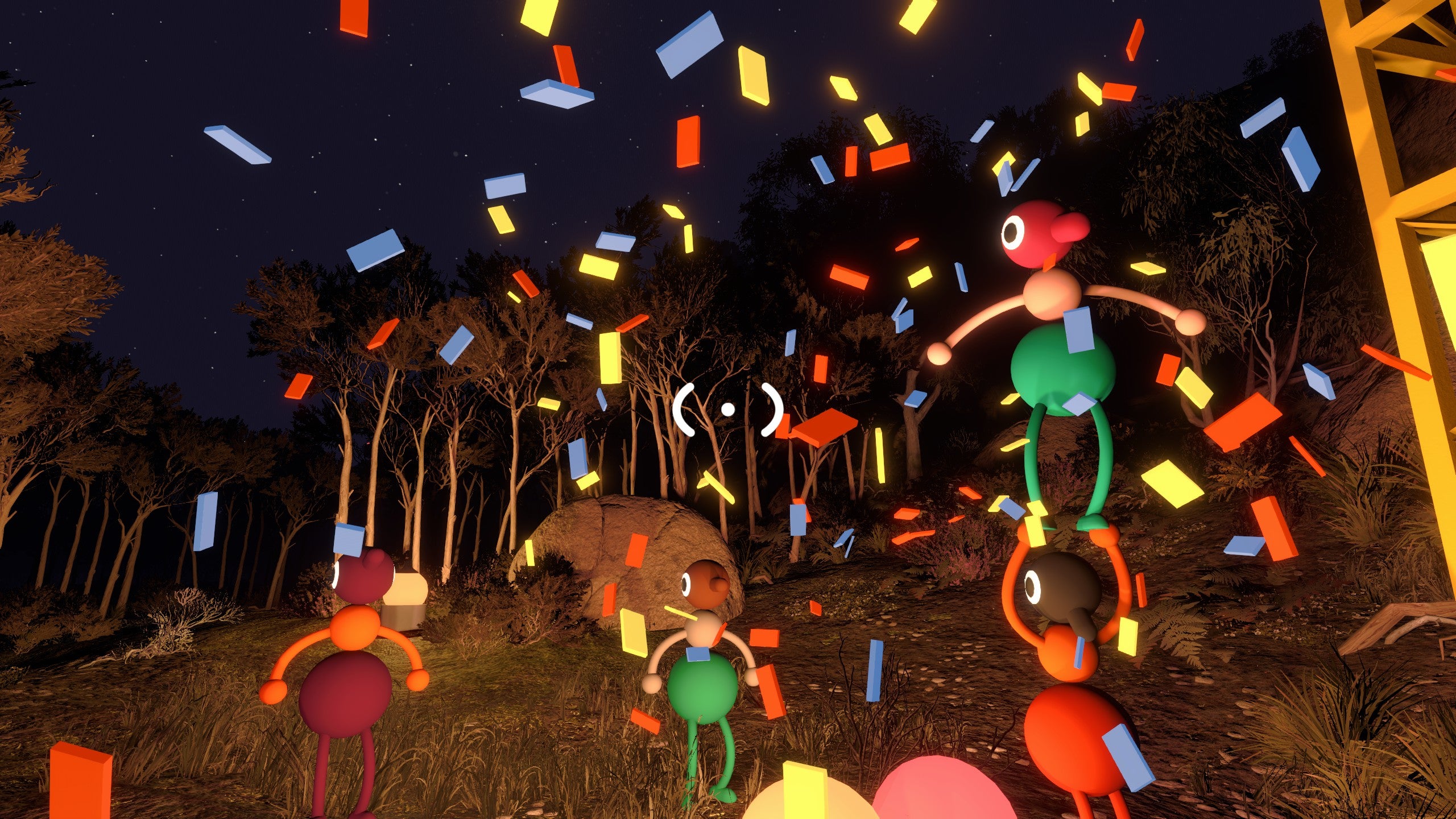 Confetti rains down from the air as a group of blobby people successfully solve a puzzle.