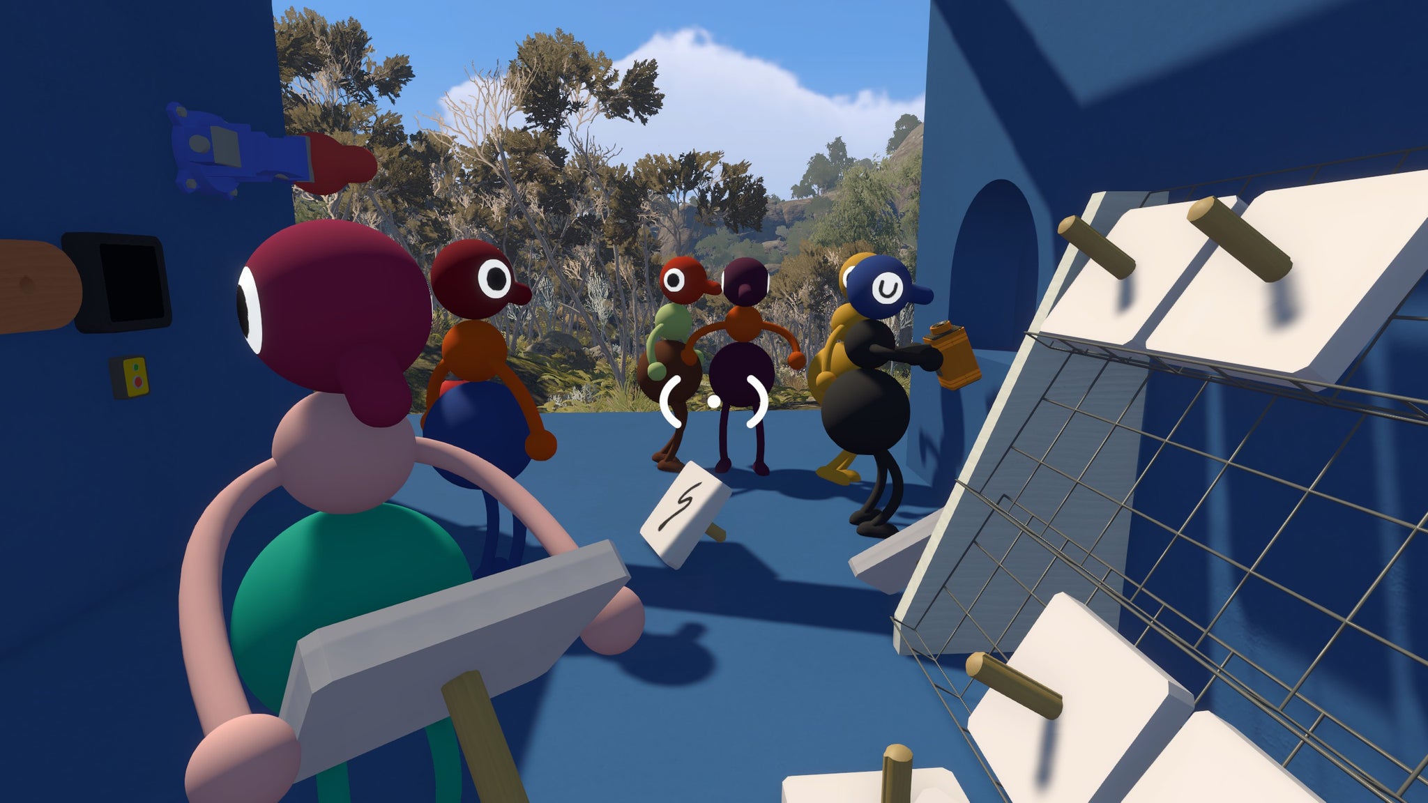 Several three-blobbed people with colourful bodies stand in a blue open-air room holding puzzle pieces. They look confused.