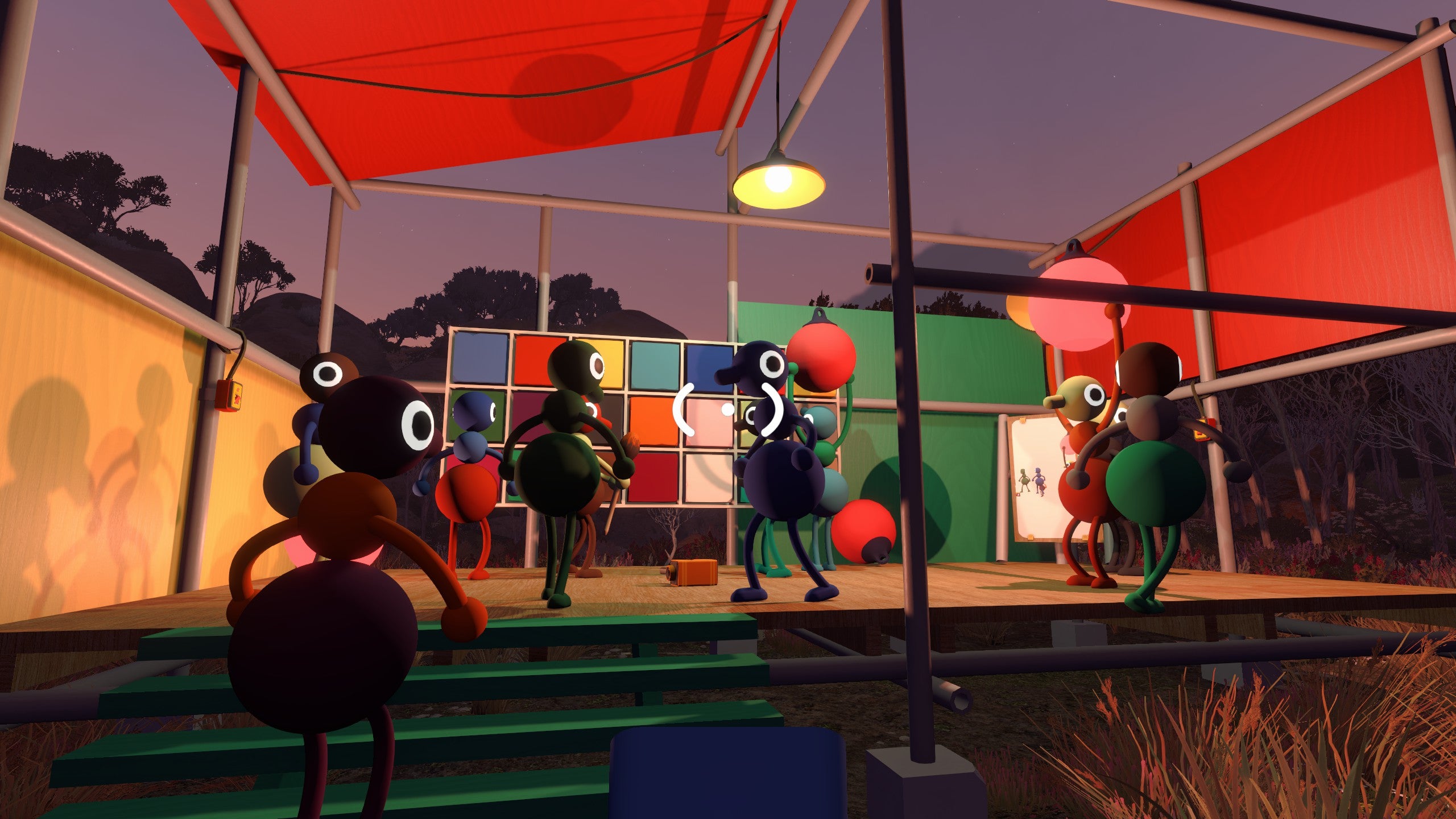 Several three-blobbed people who look like upright-walking ants, mill around a structure with metal posts and some canvas, and a wall of different coloured panels.