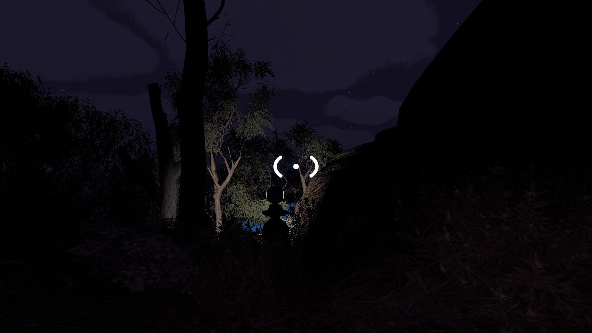 A very dark screenshot from Big Walk, showing a wood in the night time that's slightly lit by a torch-carrying individual up ahead. Hey wait for me!