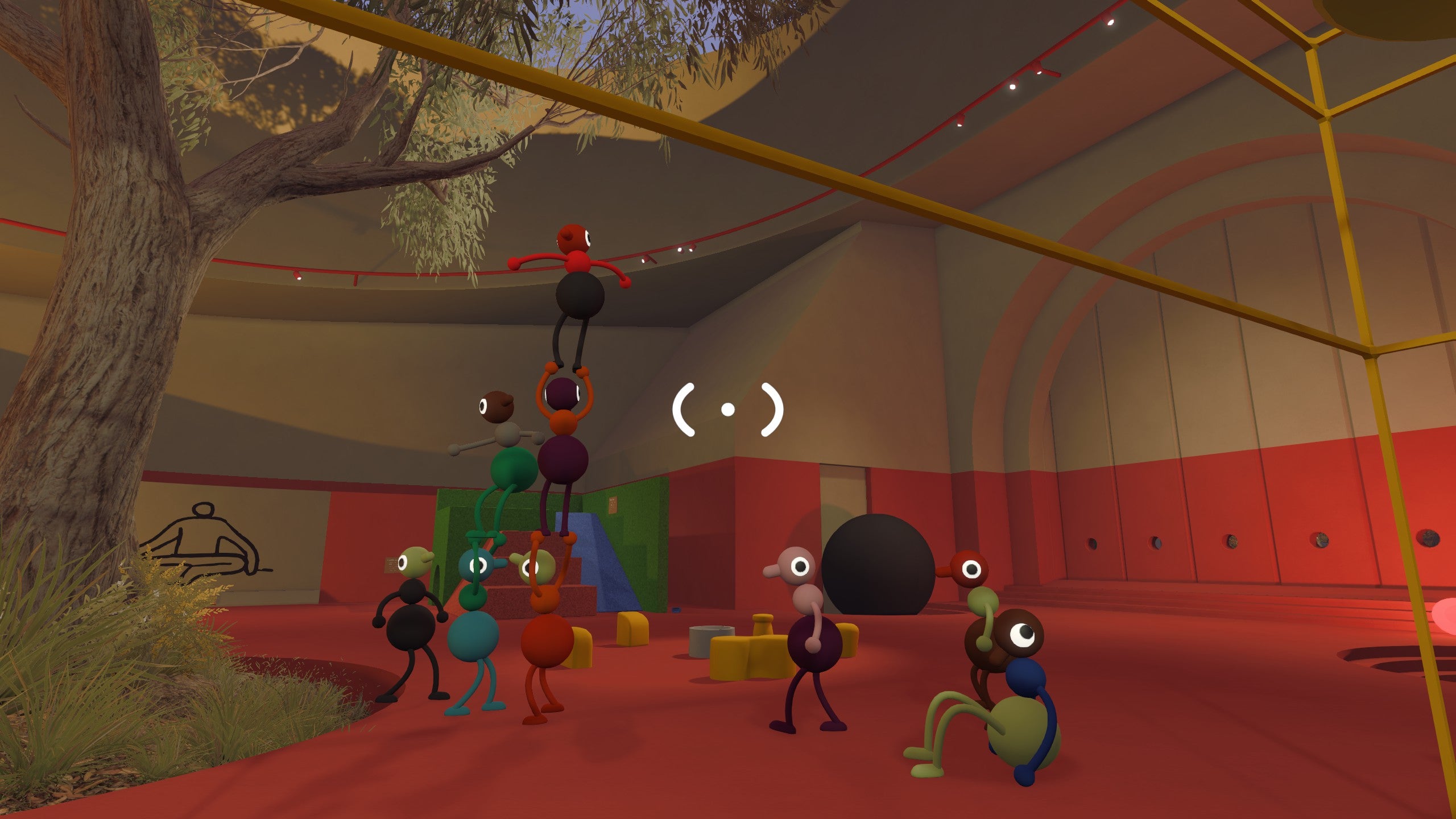 Several three-blobbed people, who like like upright-walking ants, stand on each others shoulders in a sort of human tower kind of way. Except they're not human. They're blobby things.