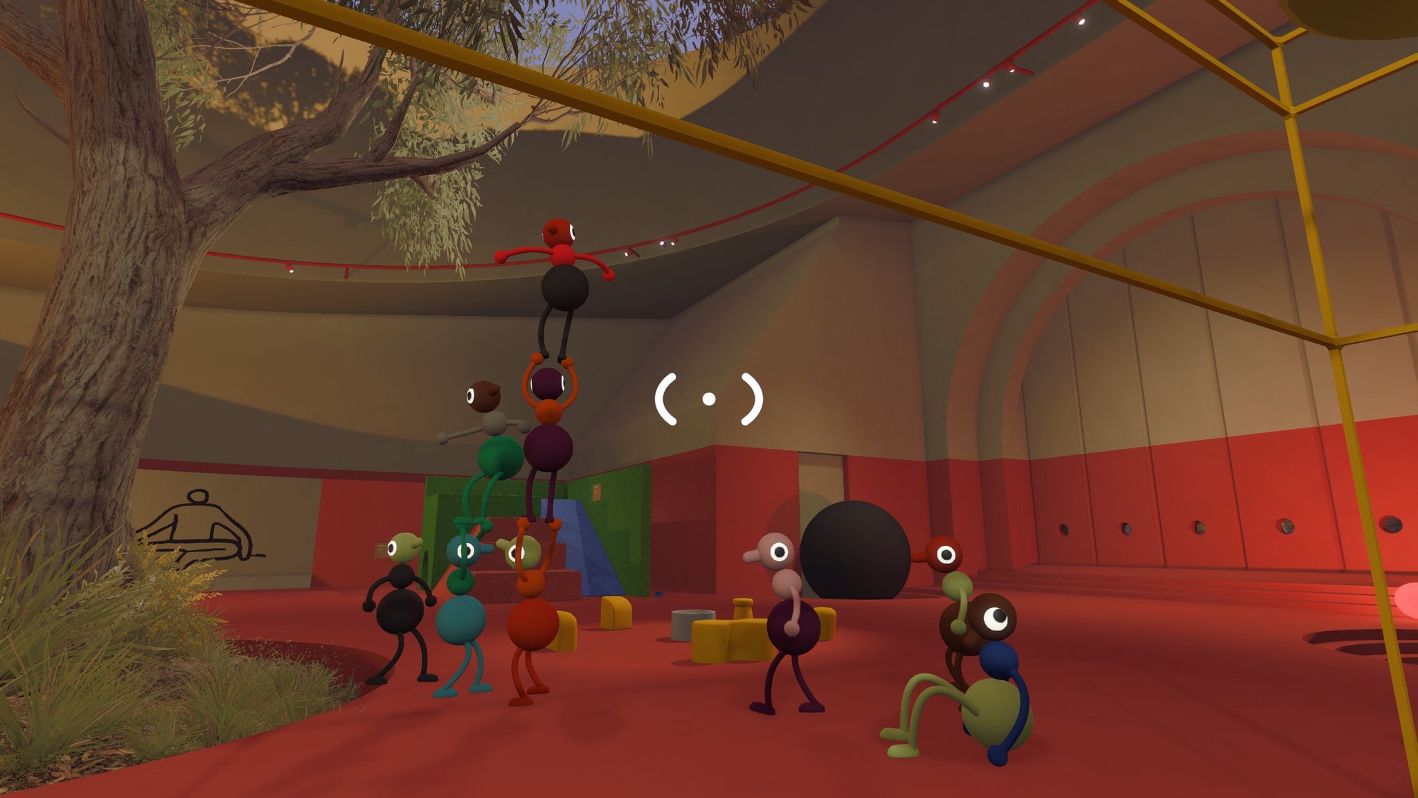 Several three-blobbed people, who like like upright-walking ants, stand on each others shoulders in a sort of human tower kind of way. Except they're not human. They're blobby things.