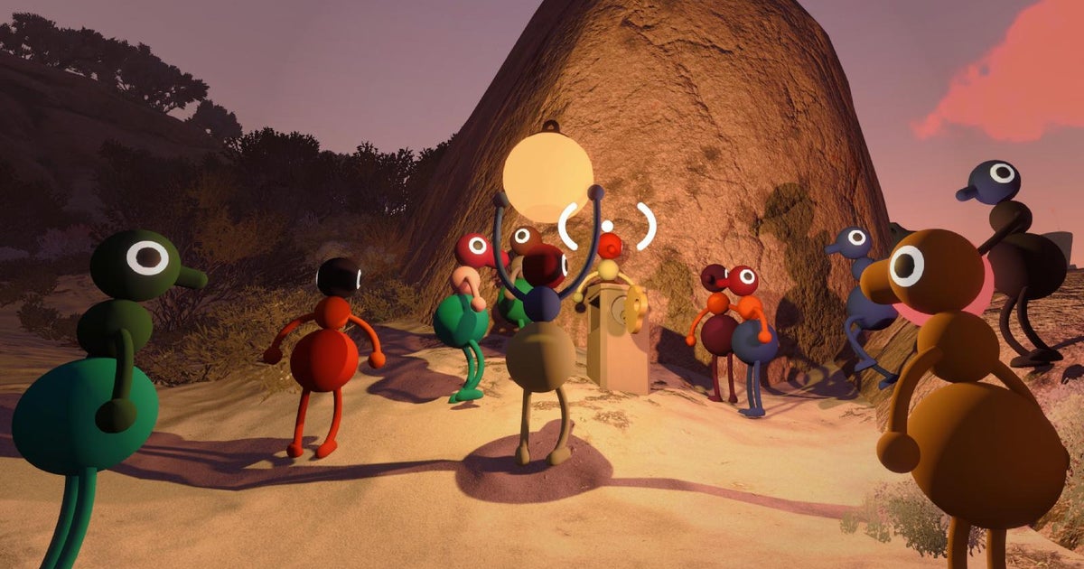 Photo: Eurogamer.net A collection of three-blobbed people who look a bit like upright ants stand in a sandy beach gathering. one of them