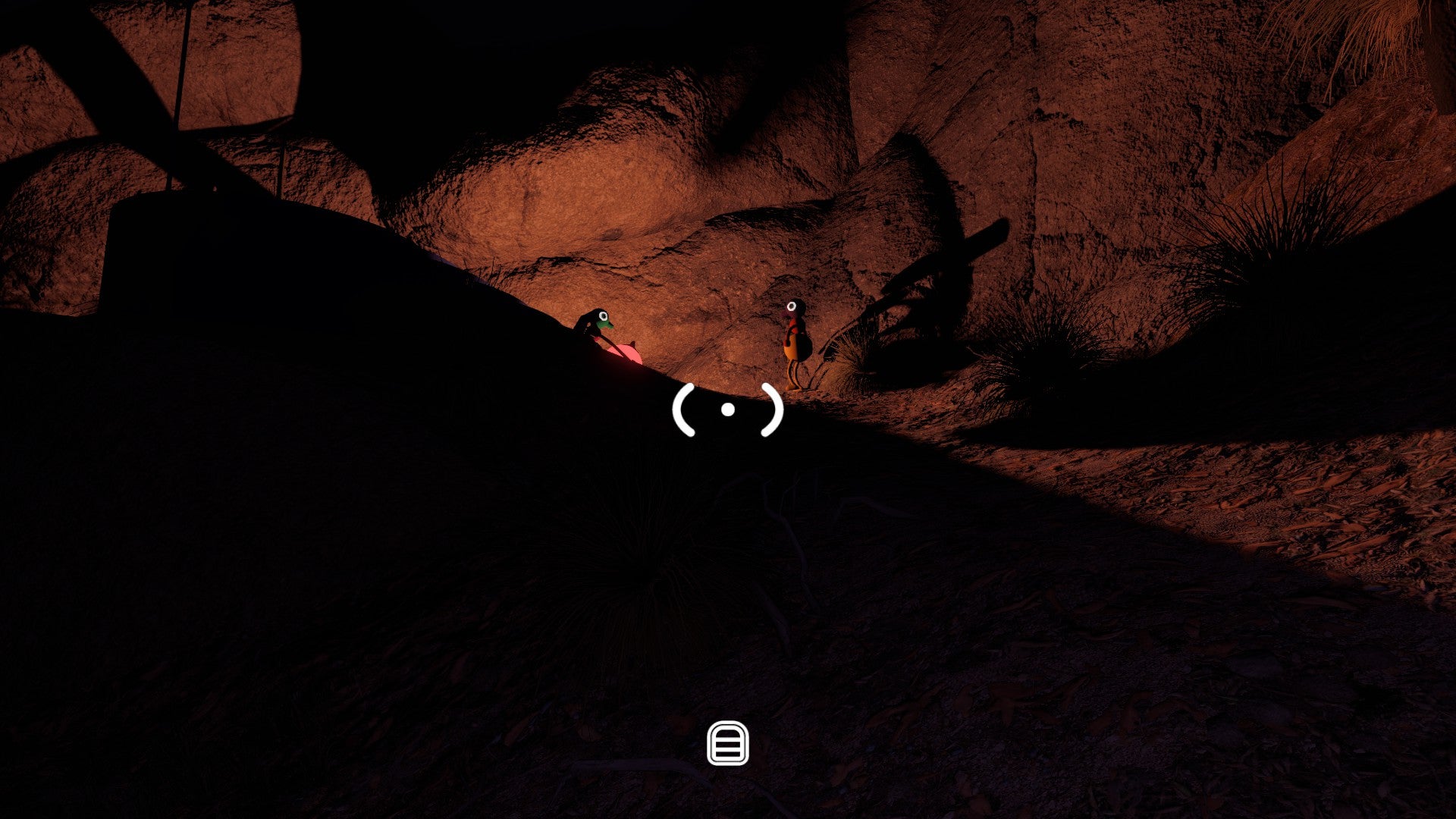 Big Walk screenshot showing two characters in the middle distance. One is carrying a lamp, which is casting large shadows against the rocks