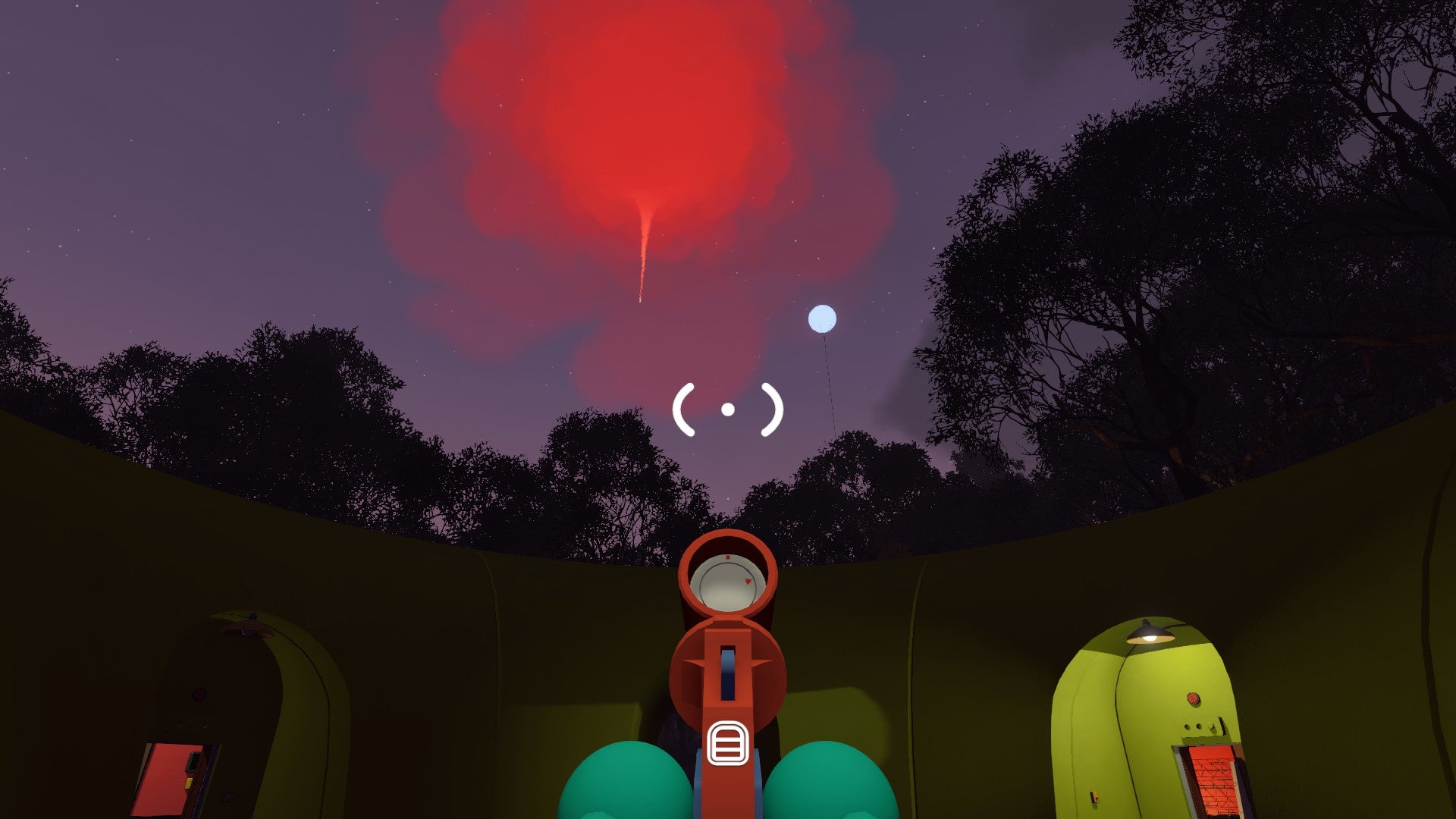 Big Walk screenshot showing the player firing a red flare into the late-evening sky