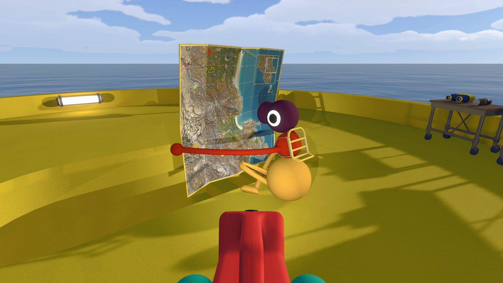 Big Walk screenshot showing a seated player looking at a physical map atop a yellow tower