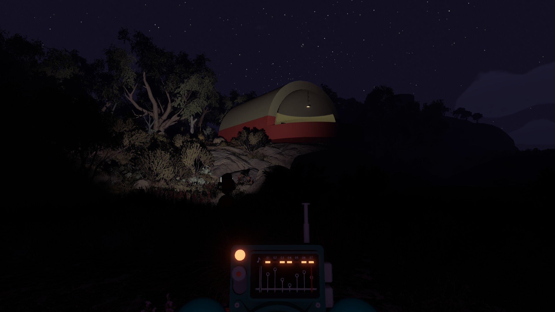 Big Walk screenshot showing the player holding an aquamarine portable radio. In the distance is a yellow and red semi-cylindrical structure