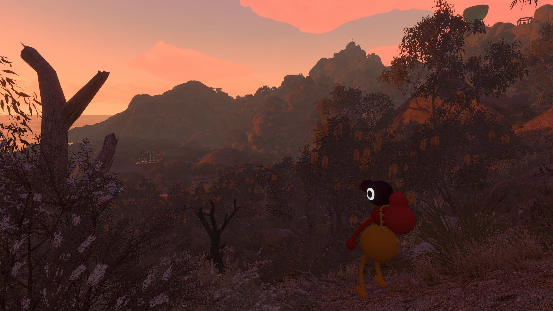 Big Walk screenshot showing a character wistfully looking out toward a pink-tinged sky as the sun sets