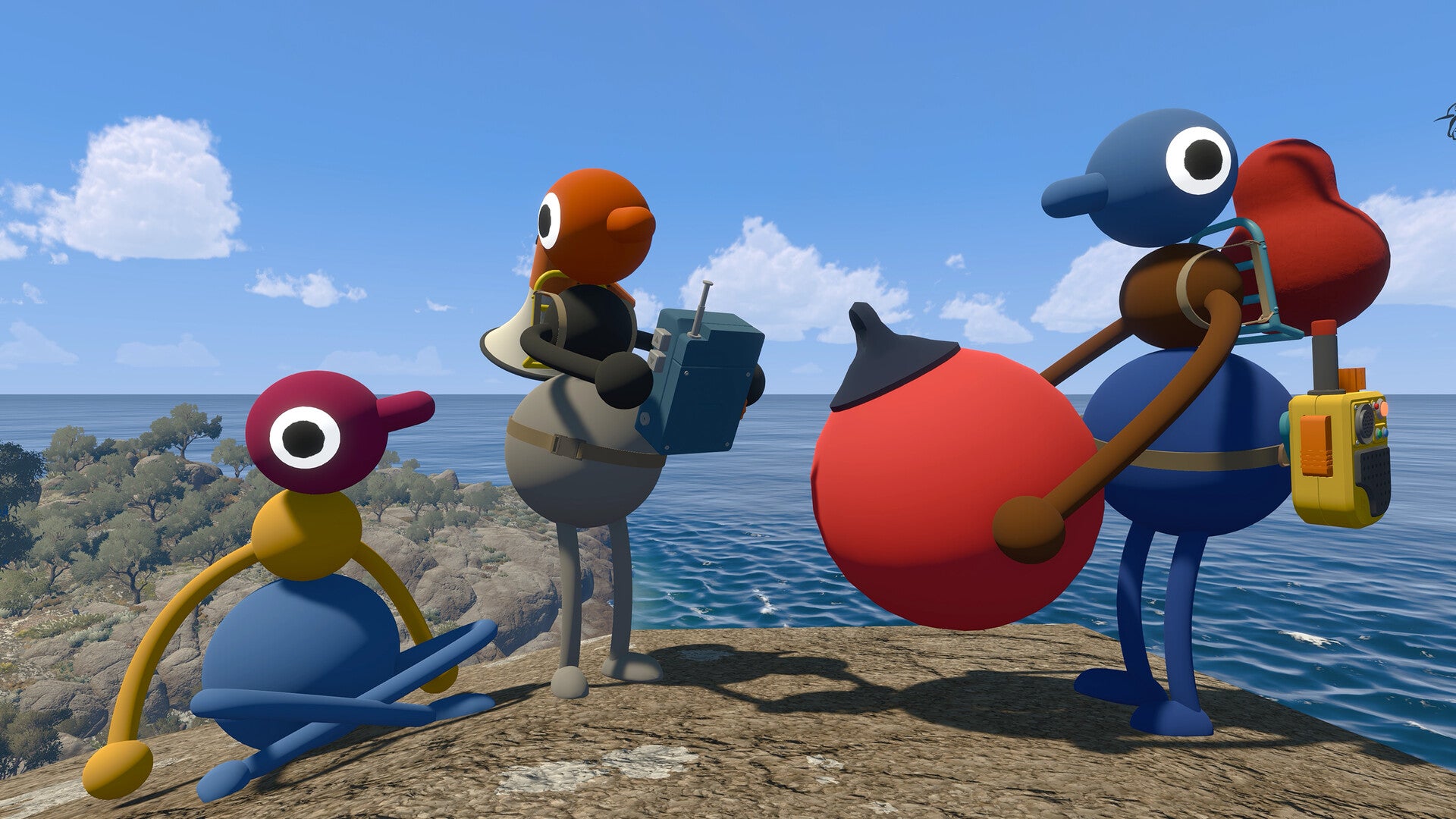 Big Walk official screenshot showing three odd bird-like people in fun colours, holding strange communication and puzzle objects by the sea