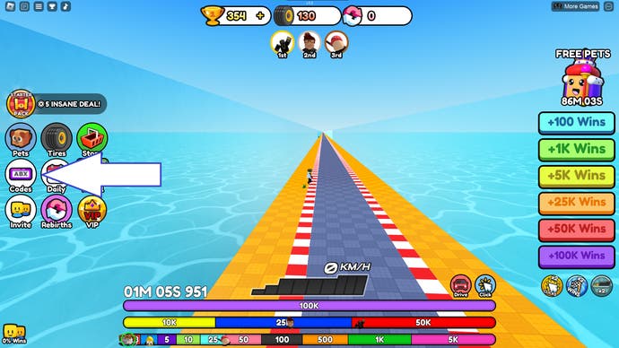 A screenshot of Bike Race Clicker in Roblox showing the game's codes button.