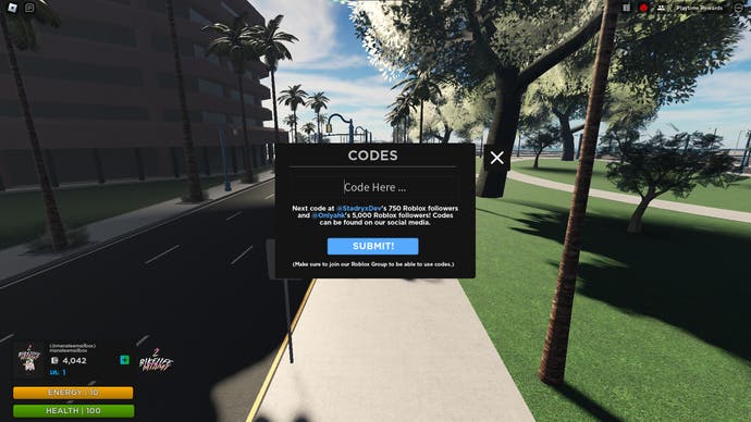 A screenshot from Bikelife Miami 2 in Roblox showing the game's codes menu.