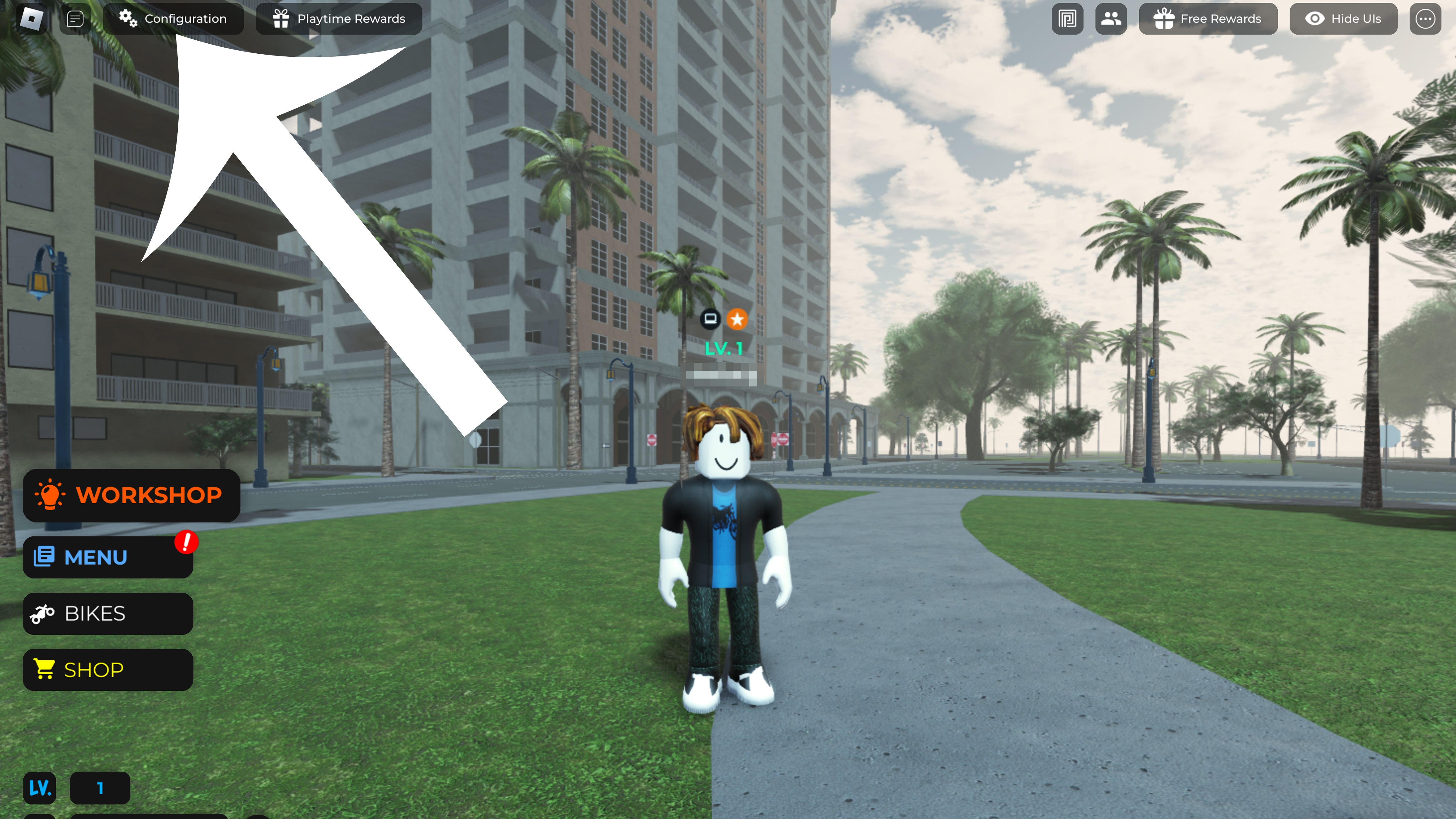 An arrow pointing at the Configuration button in the Roblox game Bikelife Miami 2.