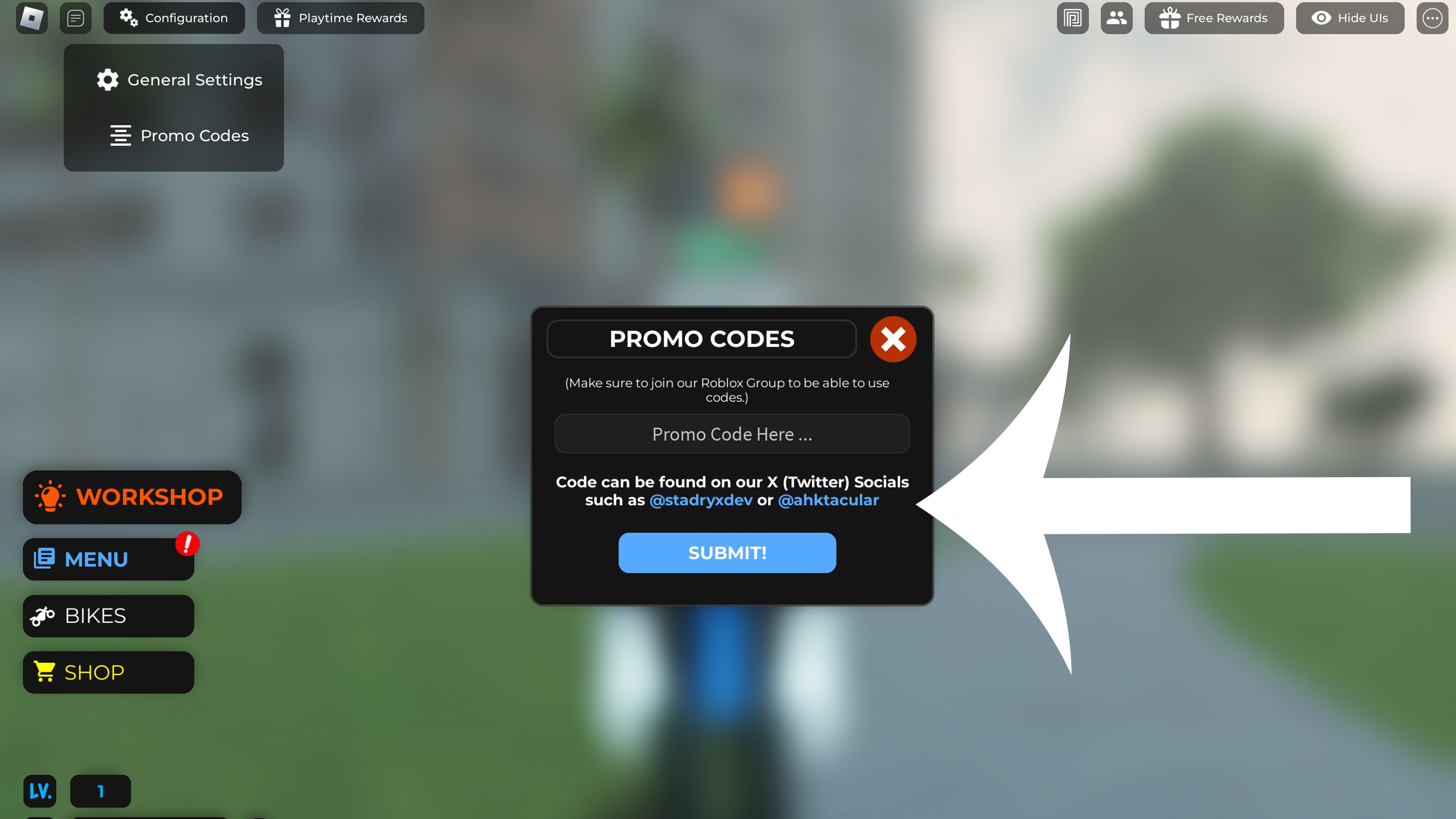 Arrow pointing at the Promo Codes menu in the Roblox game Bikelife Miami 2.