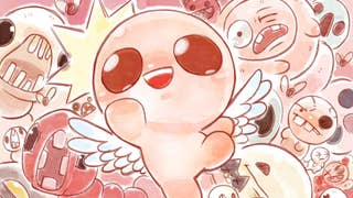 Cute, flesh-coloured artwork showing The Binding of Isaac's titular protagonist jumping energetically with tiny angel wings while monsters give chase behind him.
