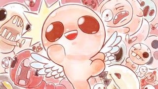 Cute, flesh-coloured artwork showing The Binding of Isaac's titular protagonist jumping energetically with tiny angel wings while monsters give chase behind him.