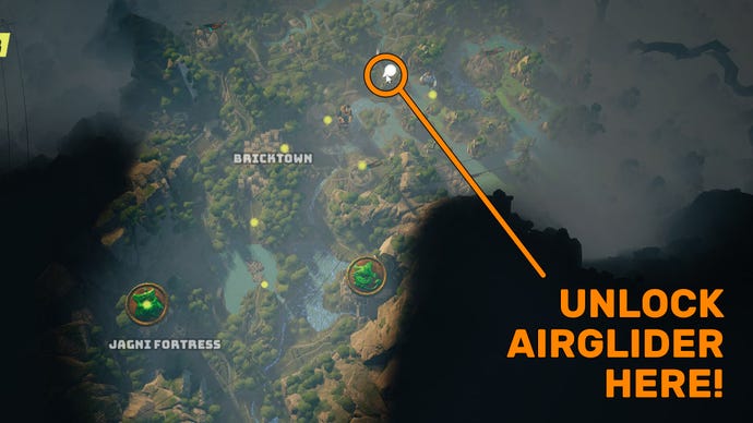A screenshot of part of the Biomutant map, with a “mirage” side quest location highlighted where you can unlock the Airglider automaton upgrade.