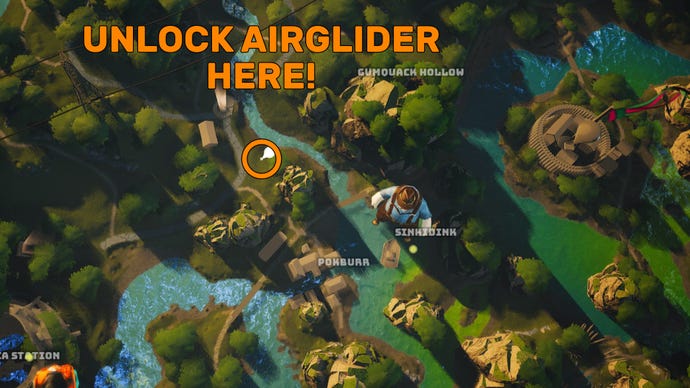 A screenshot of part of the Biomutant map, with a “mirage” side quest location highlighted where you can unlock the Airglider automaton upgrade.