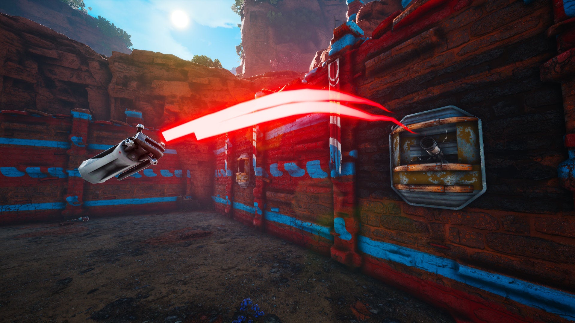A Biomutant screenshot of a boomhut in an outpost firing a grenade at the player.