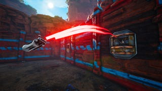 A Biomutant screenshot of a boomhut in an outpost firing a grenade at the player.