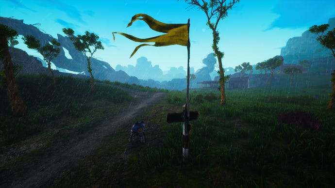 A Biomutant screenshot of a fast travel point with the character standing beneath it.