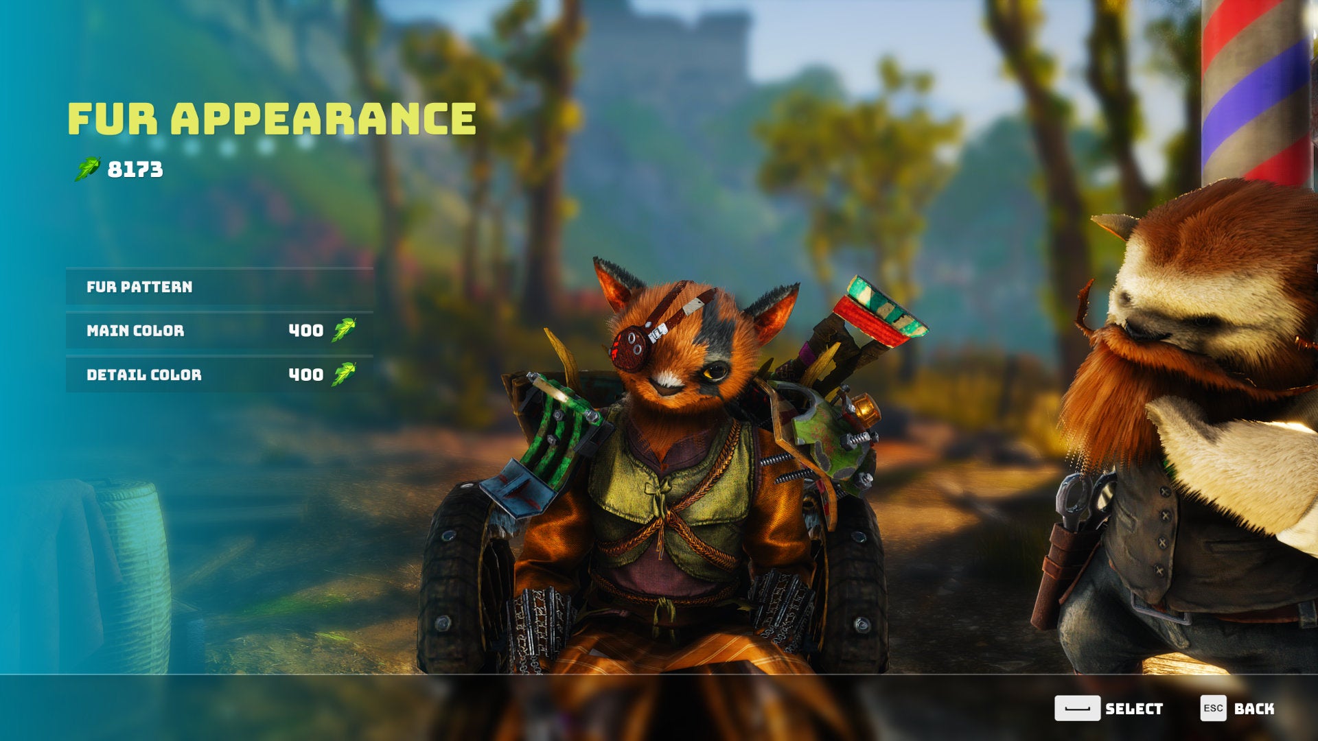 A Biomutant screenshot of the appearance customisation screen at Trim&rsquo;s shop.