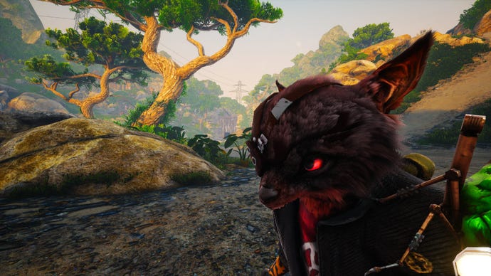 A screenshot taken using Biomutant’s in-game Photo Mode of the character’s face, with trees in the background.