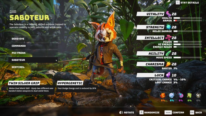 A Biomutant screenshot of the character creation and class selection screen, with the Saboteur class selected.