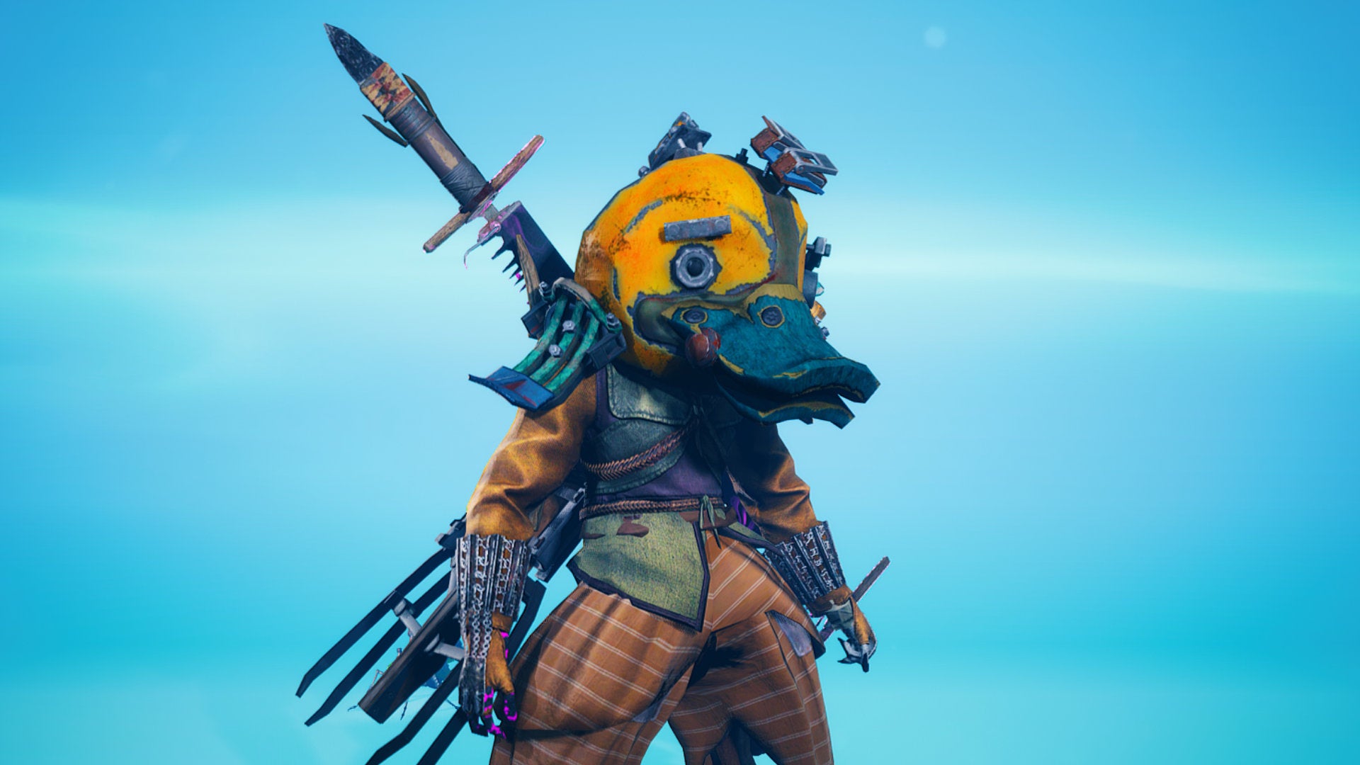A screenshot of the main character in Biomutant in the Gear screen, with the UI disabled.